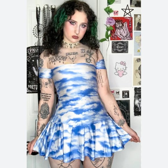 Dolls Kill Dresses & Skirts - Dollskill Soulan Zee S Y2K Blue Cloud Print Pleated Off Shoulder Mini Dress